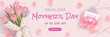 Mother's day sale flyer, wallpaper, billboard or web banner with realistic 3d tulips, envelope, petals on pink background. Best mom. Vector illustration