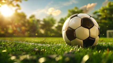 A soccer ball is on a field , sport background