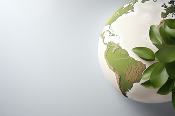 A 3D rendering of a globe with a green leaf.