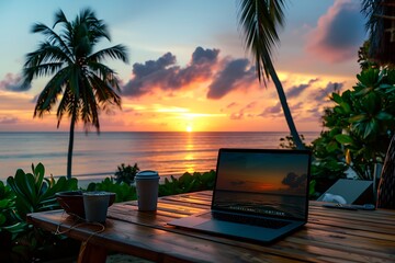 Wall Mural - Tropical Beachside Remote Work Setup at Sunset. A laptop open on a wooden table with a stunning sunset over the ocean, framed by palm trees. AI generated .
