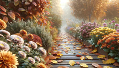 Wall Mural - a picturesque wooden path lined with vibrant, colorful flowers and fallen leaves, set against a myst
