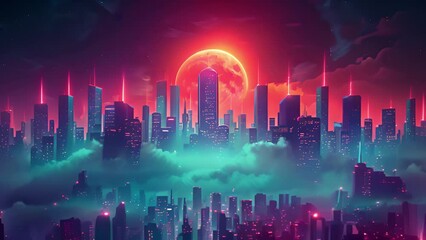 Aufkleber - Sunset over a neon-lit, futuristic metropolis with towering skyscrapers.