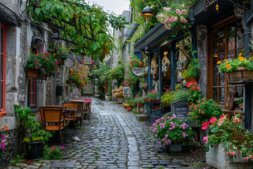 A charming cobblestone alley lined with colorful flowers and quaint cafes, isolated on solid white background.