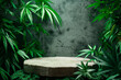 An empty stone podium in the center with hemp leaves on background.