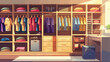 Big wardrobe with clothes in dressing room Vector styl