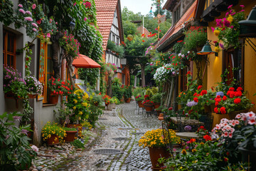 A charming cobblestone alley lined with colorful flowers and quaint cafes, isolated on solid white background.