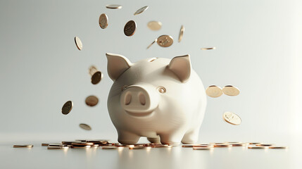 Wall Mural - A ceramic piggy bank with coins flying around it on a plain background, concept of savings. Generative AI