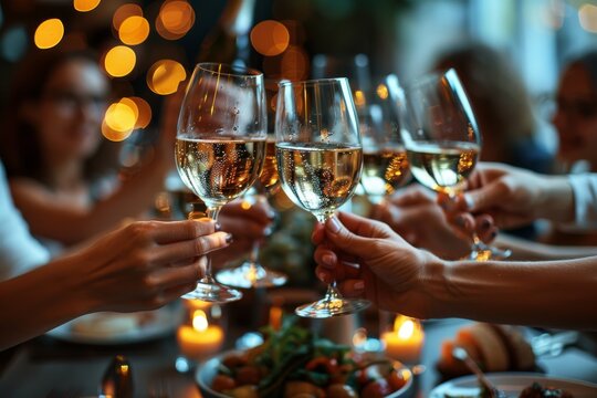 Hands holding glasses in a toast during a social gathering, with bokeh light creating a festive backdrop Food present on the table