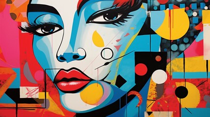 Wall Mural - Vibrant Pop Art Style Portrait Featuring Abstract and Geometric Elements.