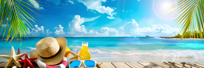 Wall Mural - Tropical beach with sunbathing accessories, summer holiday background