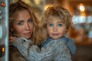 Close-up of a mother and her young son with sparkling blue eyes, sharing an intimate and loving gaze