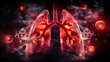 3d rendered illustration of human chest with glowing lung cancer cells inside, have smoke from cigarette floating around the lungs on dark background.