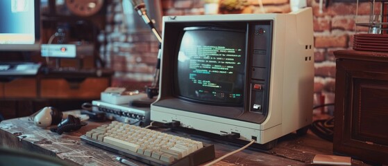 closeup shot of an old desktop computer in a retro garage. the computer has the operating system ter