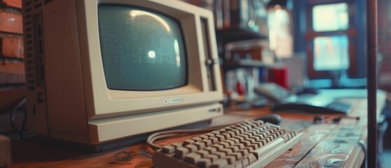 Wall Mural - on the desk of a college student in a nineties retro garage, a desktop computer is logged on to an e