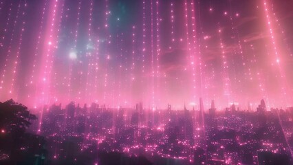 Aufkleber - Pink neon rain over a neon-lit urban skyline under a night sky.