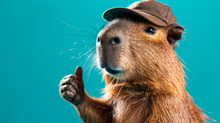 portrait of a happy capybara in a cap holding a thumbs up as a sign of excellent work on an isolated