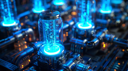 Cutting-edge hydrogen energy plant featuring a sleek futuristic design and vibrant glowing blue energy cells.