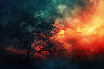 A tree is silhouetted against a colorful sky with a bright orange sun