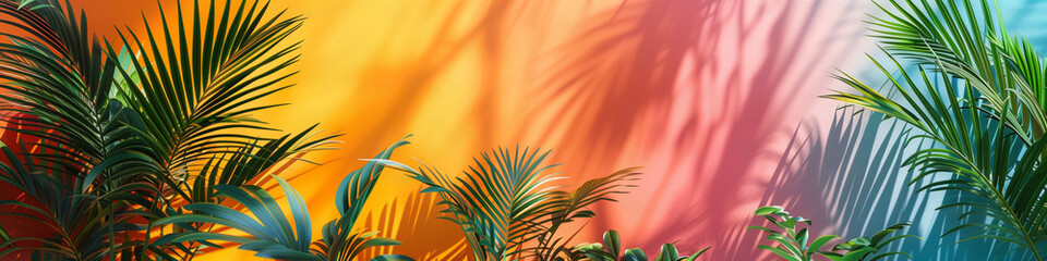  Lush green palm leaves cast playful shadows on a sunny yellow backdrop, creating a vibrant and tropical aesthetic perfect for a lively summer banner