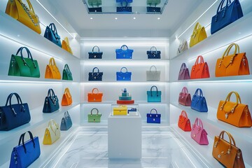 A store with a display of many different colored handbags