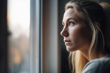 A woman with long blonde hair is looking out the window