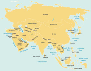  Orange detailed political map of ASIA with white country borders and name tags using orthographic projection on blue background