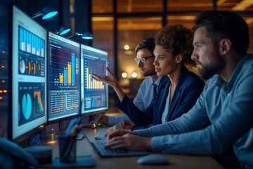 team analyzing data trends on multiple monitors, ideal for financial or technological sector marketi