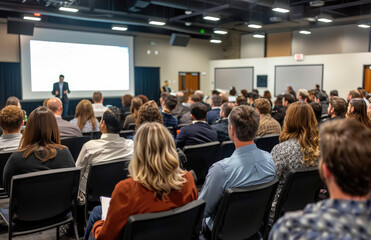 Wall Mural - an audience from the front and side views, with people sitting in chairs watching someone on stage presenting to them. A white screen for presentations is on a big wall behind the conference room