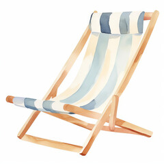 Create a watercolor painting of a beach chair. The chair should be blue and white striped, made of wood, and have a headrest. The chair should be sitting on a white background.