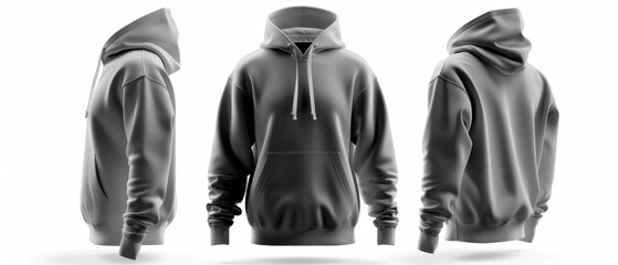 Wall Mural - Three gray hooded sweatshirts displayed from different angles on a white background, concept of fashion mockup. Generative AI