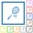 Badminton racket and shuttlecock outline flat framed icons