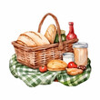 A watercolor painting of a picnic basket filled with fresh bread, fruit, and vegetables. The basket is sitting on a green and white checkered tablecloth.