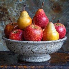 A bowl of red apples and yellow pears on a wooden table.