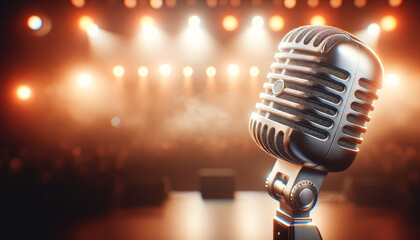 Poster - Close-up of a vintage microphone with a bokeh effect stage lighting background, concept of live performance. Generative AI