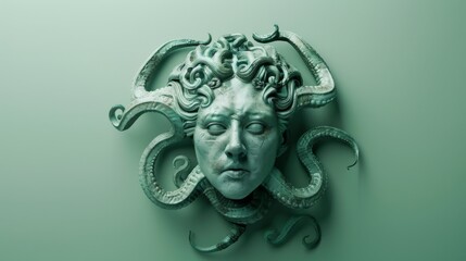 Wall Mural - Hydra regenerating a head, capturing the moment of mythical rebirth, set against a minimalistic, light green background