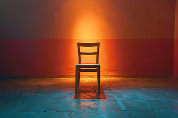 Wall Mural - a still life of a single chair centered in a softly lit room
