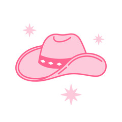 Pink core Cowboy hat. Cowboy western and wild west theme concept. Hand drawn vector illustration. Doodle icon. Pink cowgirl hat