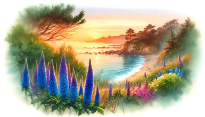 Wall Mural - Watercolor painting of Veronica 'Sunny Border Blue' flowers on a cliff