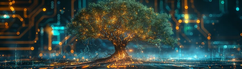 Vibrant digital tree radiating energy in a futuristic landscape. Symbolizes growth and technology convergence, ideal for innovative tech and environmental themes
