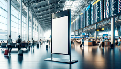 Wall Mural - A blank advertising billboard at an airport, modern design style, located on a reflective floor against a busy terminal background, concept of travel advertising space. Generative AI