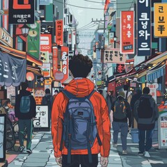 A man with a backpack is walking down a busy street in Asia. The street is lined with shops and restaurants, and there are people everywhere. The man is wearing a red jacket and he has a backpack on h