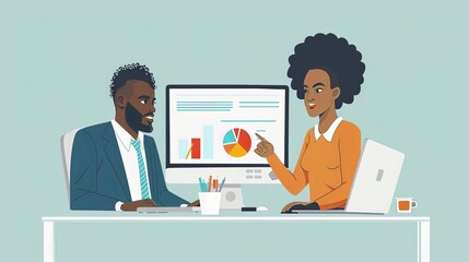 Wall Mural - Graphic illustration 2d design of man and woman working together on computer sitting at desk with growth chart