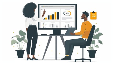 Wall Mural - Graphic illustration of man and woman in office working at computer sitting with computer growth chart.