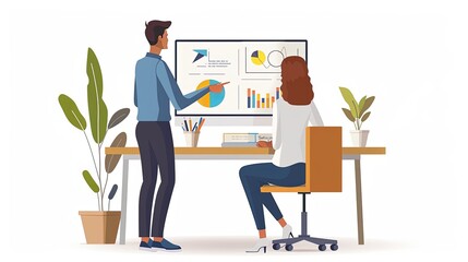 Wall Mural - Graphic illustration of man and woman in office working at computer sitting with computer growth chart.