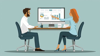 Wall Mural - Graphic illustration of man and woman in office working at computer sitting with computer growth chart.