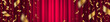 Red curtain background and falling golden confetti. Vector illustration. Horizontal banner.