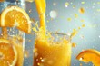 A dynamic image of a blender pouring an orange smoothie into glasses, with flying orange slices and splashes, ideal for vibrant visual content