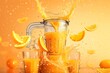 A dynamic image of a blender pouring an orange smoothie into glasses, with flying orange slices and splashes, ideal for vibrant visual content