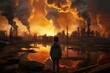 © Berezhna_Iuliia - A little boy stands and watches from afar a fire in the city. Concept of man-made disasters, nuclear contamination