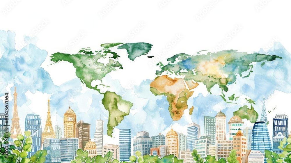 The image shows a watercolor painting of the world map with green and ...